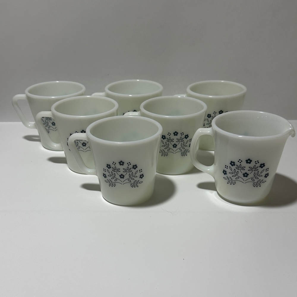 Vintage Pyrex “Summer Impressions – Blueberry” Set of 6 Coffee Mugs with Creamer